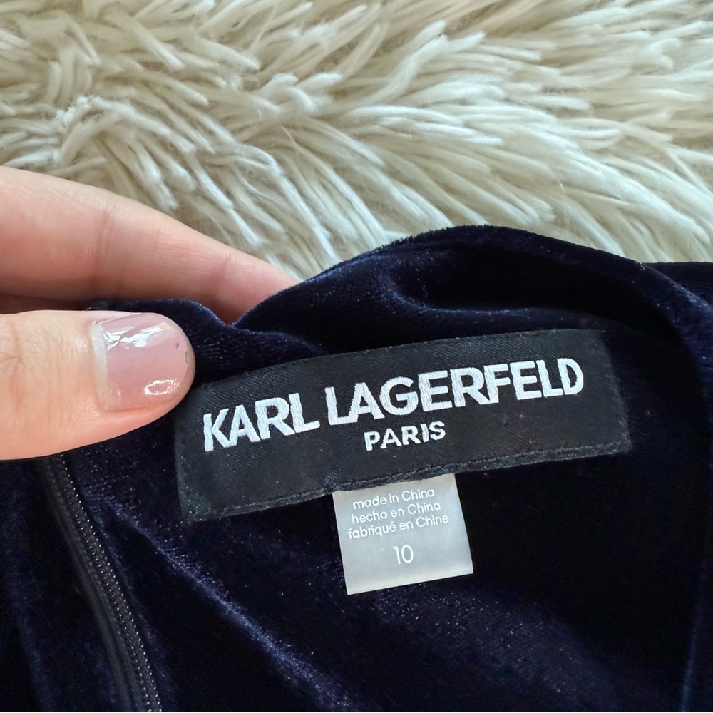 Karl Lagerfeld Paris Blue Velour Ruffle Hem Dress Size 10 - Picture 5 of 8